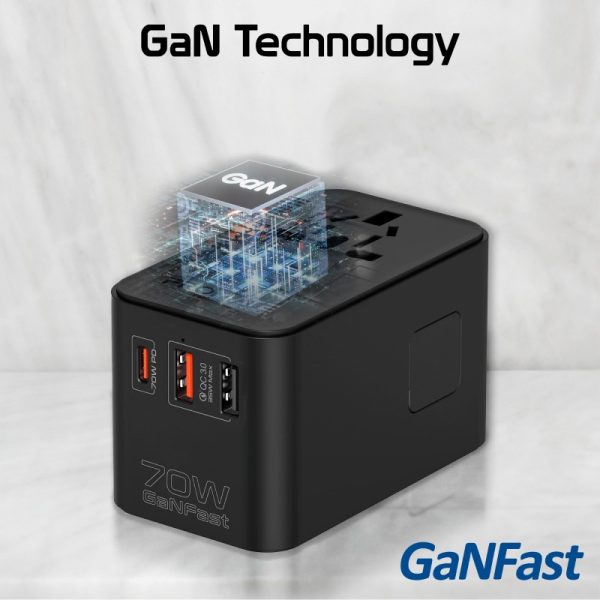 ⁦بروميت TripMate-GaN70R محول سفر عالمي بتقنية GaN بقوة 70 واط، مزود بكابل USB-C قابل للسحب لسهولة الشحن أثناء التنقل في أي مكان⁩ - الصورة ⁦6⁩
