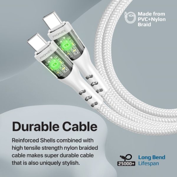 ⁦بروميت TransLine-CC كابل USB-C فائق السرعة بقدرة 60 واط، بطول 1.2 متر، رأس شفاف مطلي بالذهب مع إضاءة LED، ومقاوم للانحناء حتى 25000 مرة⁩ - الصورة ⁦9⁩
