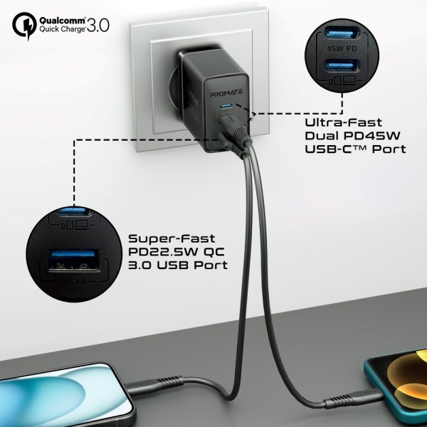 ⁦بروميت PowerPort-45 محول بمنفذي USB-C بقوة 45 واط ومنفذ USB QC بقوة 22.5 واط⁩ - الصورة ⁦3⁩