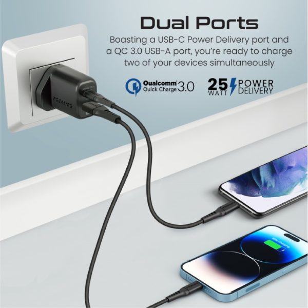 ⁦بروميت ChargeKit-25PDi مجموعة شحن سريعة تضم شاحن 25 واط وكابل USB-C إلى لايتنينغ 27 واط، تدعم QC 3.0 ومزامنة البيانات⁩ - الصورة ⁦4⁩