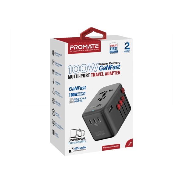 ⁦بروميت TripMate-GaN100 محول شحن عالمي بتقنية GaN بقوة 100 واط، مزود بكابل USB-C قابل للسحب لسهولة الاستخدام أثناء السفر⁩ - الصورة ⁦6⁩