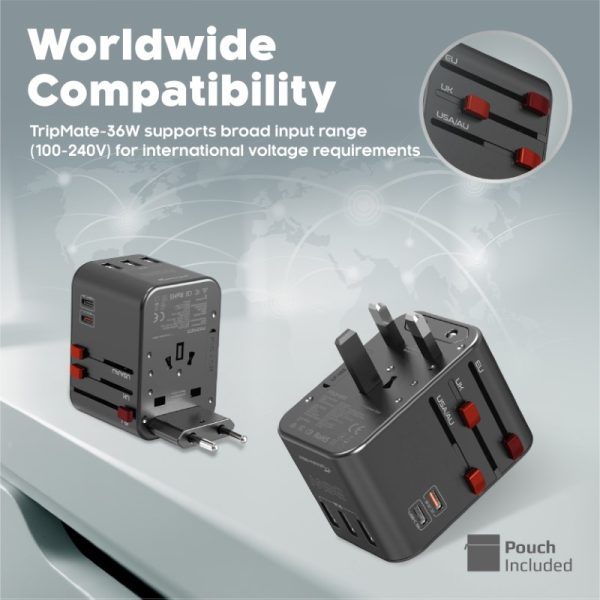 ⁦بروميت TripMate-36W محول سفر عالمي بقدرة 36 واط، مزود بمنفذي USB-C (20 واط + 15 واط) و3 منافذ USB ذكية، مع حماية من زيادة التيار بقوة 8 أمبير⁩ - الصورة ⁦7⁩