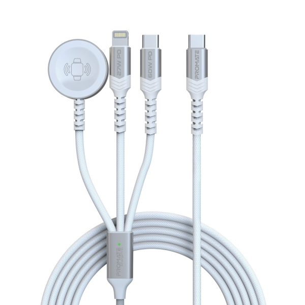 ⁦بروميت iCharge-Trio كابل 5 في 1 بقدرة 60 واط، يضم USB-C فائق السرعة، شاحن لايتنينغ 27 واط، شاحن ساعة أبل 2.5 واط، بطول 1.5 متر لشحن ونقل بيانات بكفاءة عالية⁩ - الصورة ⁦3⁩