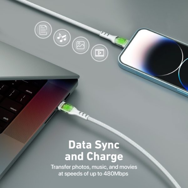 ⁦بروميت TransLine-Ci كابل USB-C إلى لايتنينغ بقوة 27 واط، بطول 1.2 متر، مقاوم للانحناء حتى 25000 مرة، رأس شفاف مطلي بالذهب مع إضاءة LED⁩ - الصورة ⁦7⁩