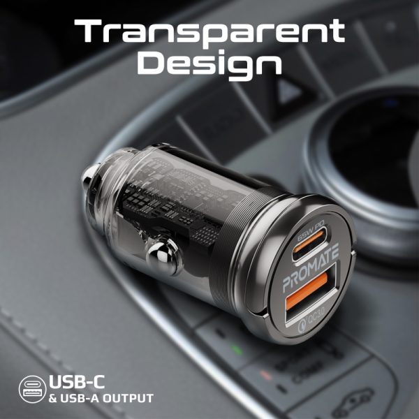 ⁦بروميت TransDrive-65W شاحن سيارة شفاف بمنفذ USB-C بقوة 65 واط ومنفذ QC 3.0 بقوة 18 واط، تصميم مدمج وسهل الحمل⁩ - الصورة ⁦3⁩