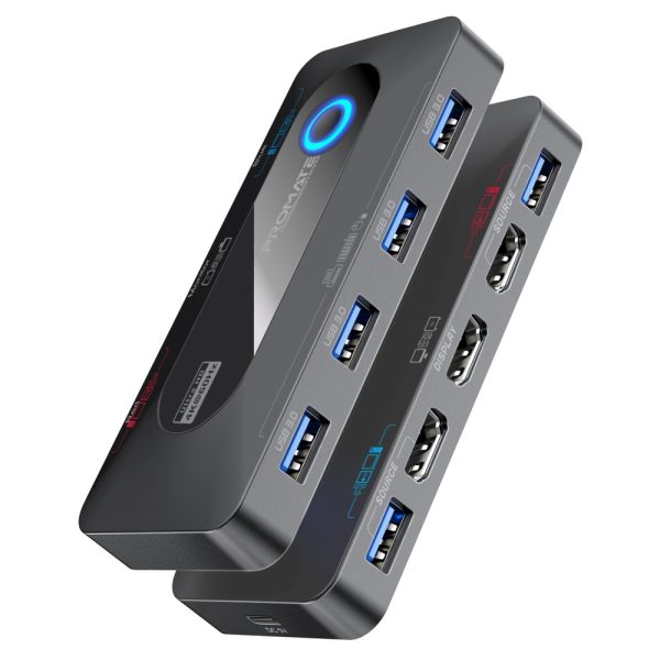 بروميت MediaSwitch-KVM محول KVM بدقة 4K، يربط بين جهازين، مزود بـ4 منافذ USB-A بسرعة 5Gbps، ومنفذي HDMI مع زر تبديل ومدعوم بكامل الكابلات الأساسية