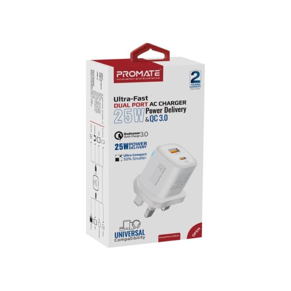 ⁦بروميت PowerPort-25AC شاحن جداري بقدرة 25 واط، بمنفذ USB-C PD ومنفذ QC 3.0 بقوة 18 واط، مع حماية من زيادة التيار وتنظيم جهد تلقائي لشحن آمن وسريع⁩ - الصورة ⁦9⁩
