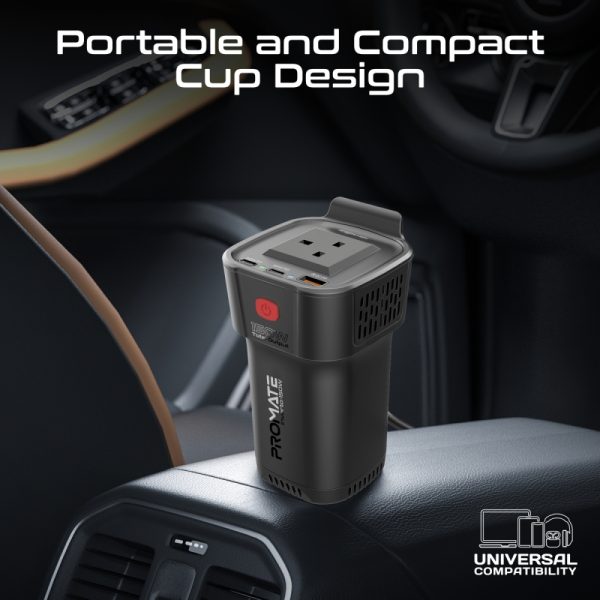 ⁦بروميت Inverto-150W محول طاقة سيارة 4 في 1 بقدرة 150 واط، بمنفذي USB-C (30 واط)، USB-A (18 واط)، مؤشرات LED، زر تشغيل/إيقاف، وحماية شاملة للشحن⁩ - الصورة ⁦8⁩