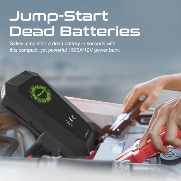 ⁦بروميت HexaBolt-20 مشترك سيارة ببطارية 19200mAh، قوة 1500A، شاحن لاسلكي، مطرقة طوارئ، ضوء LED، ومشابك ذكية للتشغيل الآمن⁩ - الصورة ⁦7⁩