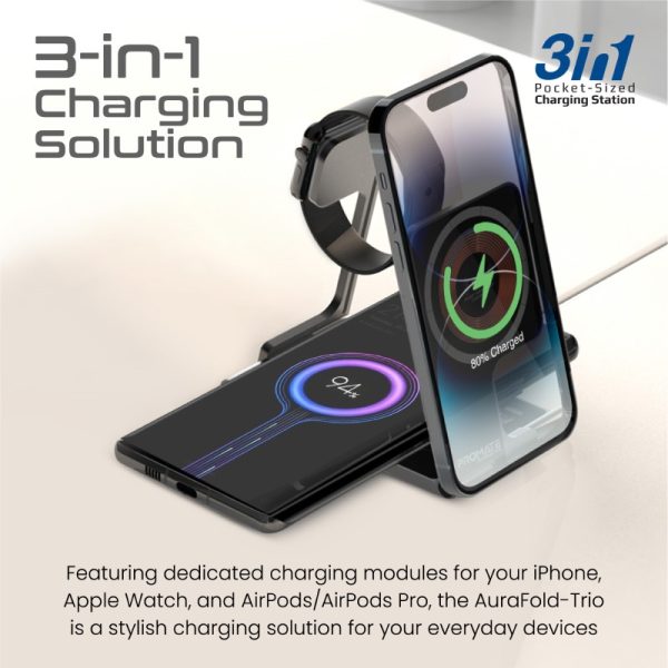 بروميت AuraFold-Trio قاعدة شحن ماج سيف بقوة 15 واط مع شاحن لساعات آبل وشاحن سماعات ايربودز قابل للطي