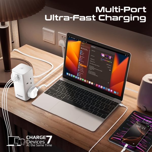 ⁦بروميت PowerTower-70W محطة شحن 70 واط بمنفذي USB-C PD، منفذ QC 3.0 بقوة 30 واط، و4 منافذ AC عالمية بقدرة 2500 واط لشحن فعال ومتعدد الأجهزة⁩ - الصورة ⁦6⁩