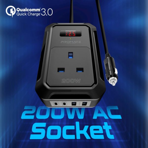 ⁦بروميت Inverto-200W محول طاقة متعدد المنافذ بقدرة 200 واط مع شاشة LCD ومنفذي USB-C وUSB-A بتقنية الشحن السريع⁩ - الصورة ⁦9⁩