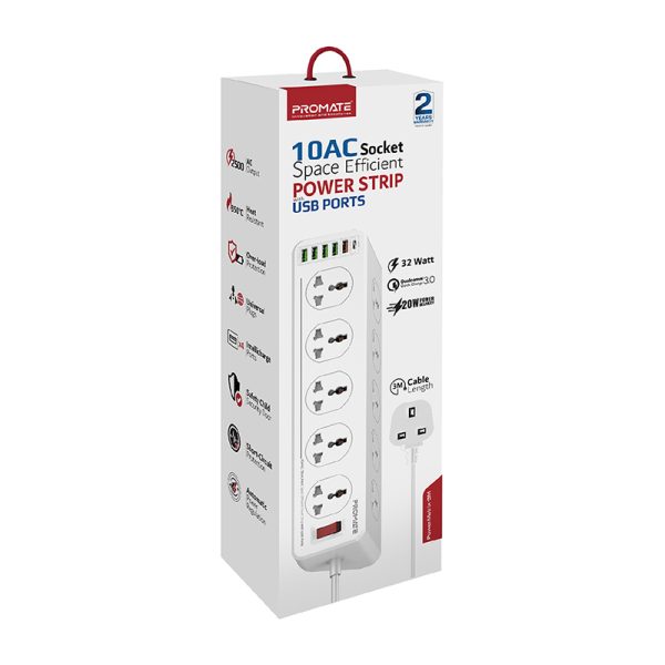 ⁦بروميت PowerMatrix-3M موزع طاقة 16 في 1، يحتوي على 10 مقابس AC و4 منافذ USB ذكية، مزوّد بأغطية أمان منزلقة وكابل بطول 3 أمتار لتوزيع طاقة آمن وفعال⁩ - الصورة ⁦2⁩
