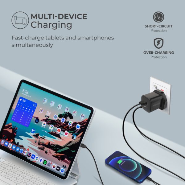 ⁦بروميت PowerPort-33 شاحن جداري مدمج بتقنية GaNFast، بقدرة 33 واط، مزود بمنفذي USB-C وUSB-A لشحن سريع وفعال للأجهزة المتعددة⁩ - الصورة ⁦6⁩