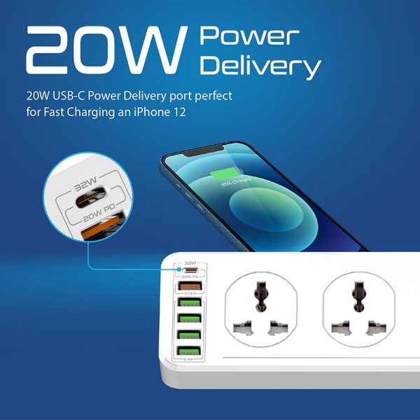 ⁦بروميت PowerMatrix-5M موزع طاقة 16 في 1 بـ10 مقابس AC، 4 منافذ USB ذكية، أغطية أمان منزلقة، وكابل بطول 5 أمتار لحماية شاملة وتوزيع طاقة آمن⁩ - الصورة ⁦3⁩