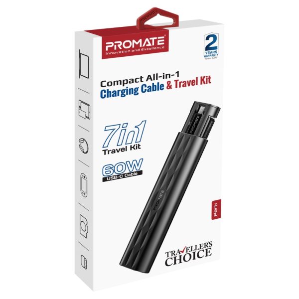 ⁦بروميت PERK مجموعة سفر 7 في 1 بكابل USB-C بقوة 60 واط، محولات إلى Lightning وUSB-A وMicro-USB، فتحات لبطاقات SIM وTF، ودبوس إخراج SIM، بتصميم صغير ومتكامل⁩ - الصورة ⁦2⁩