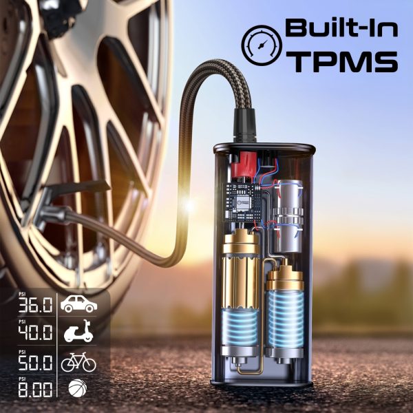 بروميت PowerPump ضاغط هواء محمول ببطارية 7500mAh، ضغط حتى 150 PSI، ضوء LED، SOS، ومنفذ USB-A مع نظام مراقبة ضغط الإطارات