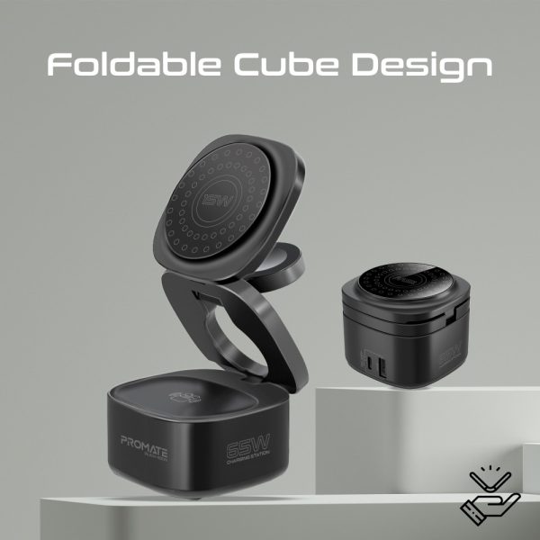 ⁦بروميت Rubix-65W محطة شحن MagSafe بقوة 65 واط، تدعم شحن لاسلكي 15 واط للأيربودز، شحن سريع لساعة أبل، منفذ USB-C 45 واط، ومنفذ USB-A QC3.0 بقدرة 45 واط⁩ - الصورة ⁦3⁩