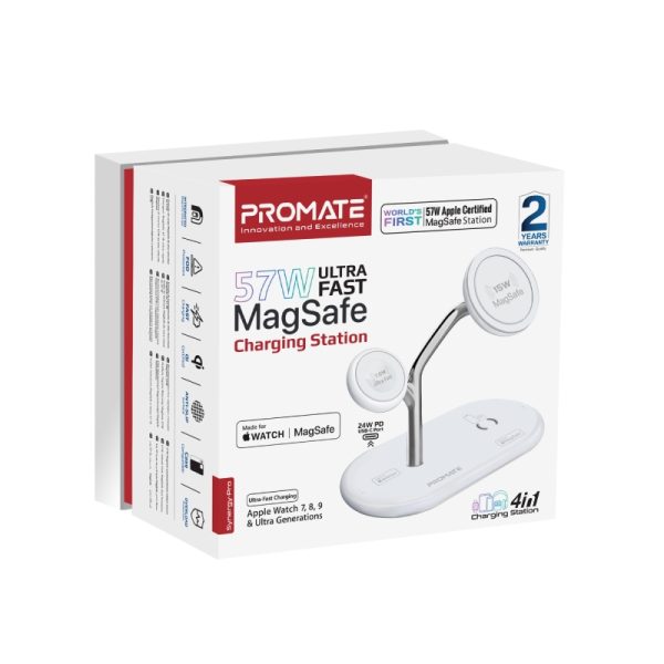 ⁦بروميت Synergy-Pro محطة شحن MagSafe معتمدة من Apple MFi، بقدرة 57 واط: شاحن MagSafe 15 واط، شاحن ساعة أبل 7.5 واط، شاحن Qi 10 واط، ومنفذ USB-C PD بقدرة 24 واط⁩ - الصورة ⁦11⁩