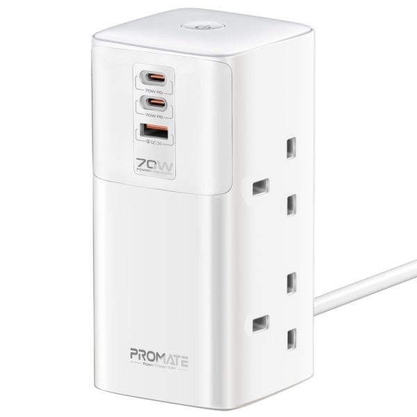 بروميت PowerTower-70W محطة شحن 70 واط بمنفذي USB-C PD، منفذ QC 3.0 بقوة 30 واط، و4 منافذ AC عالمية بقدرة 2500 واط لشحن فعال ومتعدد الأجهزة