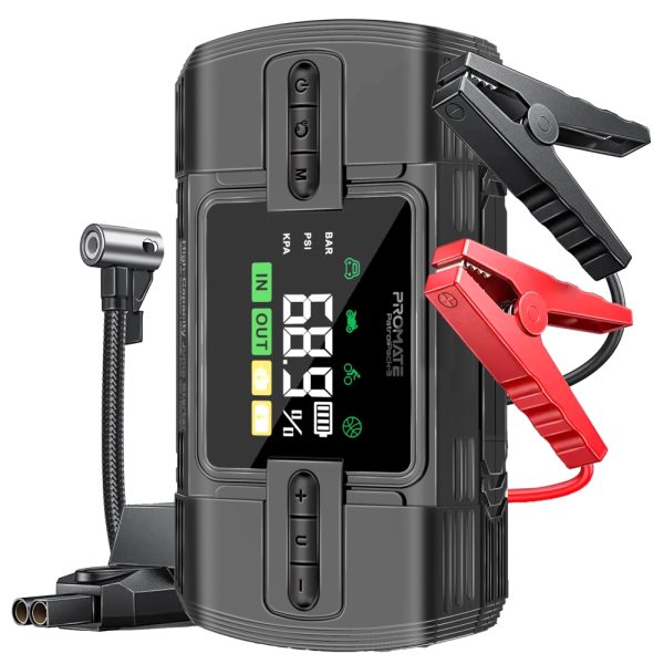 بروميت PatrolPack-3 جهاز تشغيل سيارة 1200 أمبير مع ضاغط هواء 150 PSI، بطارية 12000mAh، مصباح LED، مشابك ذكية، وشاشة LCD