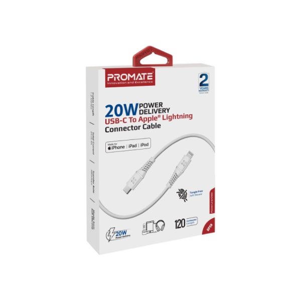 ⁦بروميت PowerLine-Ci120 كابل USB-C إلى لايتنينغ معتمد من Apple MFi، بقدرة 20 واط، بطول 1.2 متر، سيليكون ناعم ومتين يتحمل أكثر من 25000 انحناءة لشحن مريح وموثوق⁩ - الصورة ⁦9⁩