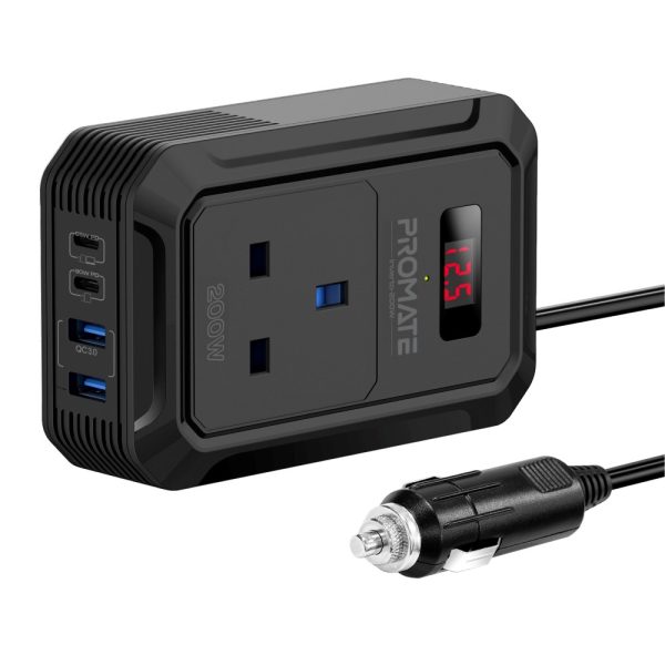 بروميت Inverto-200W محول طاقة متعدد المنافذ بقدرة 200 واط مع شاشة LCD ومنفذي USB-C وUSB-A بتقنية الشحن السريع