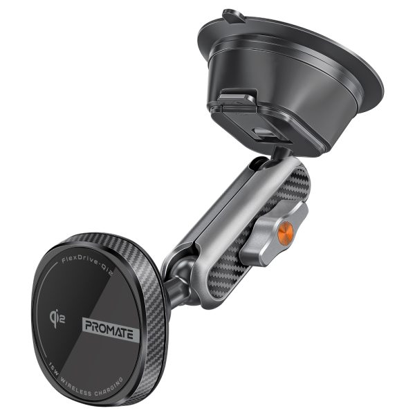 بروميت FlexDrive-Qi2 شاحن سيارة لاسلكي Qi2 بقوة 15 واط، بتقنية FlexiGrip™، مفاصل مزدوجة لتعديل مرن، ومناسب للزجاج الأمامي أو لوحة القيادة