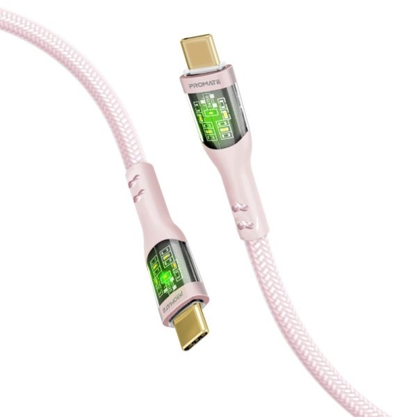 ⁦بروميت TransLine-CC كابل USB-C فائق السرعة بقدرة 60 واط، بطول 1.2 متر، رأس شفاف مطلي بالذهب مع إضاءة LED، ومقاوم للانحناء حتى 25000 مرة⁩ - الصورة ⁦5⁩