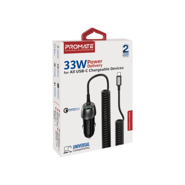 ⁦بروميت PowerDrive-33PDC شاحن سيارة 33 واط بمنفذ USB-C PD، كابل USB-C مدمج، ومنفذ USB بتقنية QC 3.0 لشحن سريع وفعال أثناء القيادة⁩ - الصورة ⁦2⁩