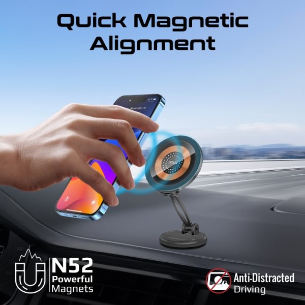 ⁦بروميت Magnus2-Qi شاحن سيارة لاسلكي MagSafe بقوة 15 واط، بتصميم مرن قابل للتعديل ثلاثي المحاور ودوران 360°⁩ - الصورة ⁦4⁩
