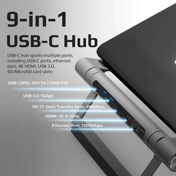 ⁦بروميت PrimeBase-C حامل لابتوب من الألمنيوم مع موزع USB-C 9 في 1، HDMI 4K، LAN، USB، وفتحات SD/TF بقدرة طاقة 100 واط⁩ - الصورة ⁦3⁩