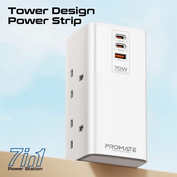 ⁦بروميت PowerTower-70W محطة شحن 70 واط بمنفذي USB-C PD، منفذ QC 3.0 بقوة 30 واط، و4 منافذ AC عالمية بقدرة 2500 واط لشحن فعال ومتعدد الأجهزة⁩ - الصورة ⁦2⁩