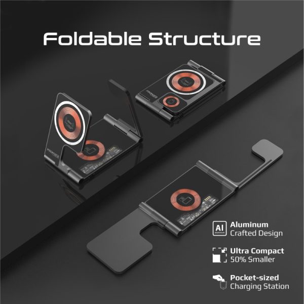 ⁦بروميت AuraFold-Trio قاعدة شحن ماج سيف بقوة 15 واط مع شاحن لساعات آبل وشاحن سماعات ايربودز قابل للطي⁩ - الصورة ⁦2⁩