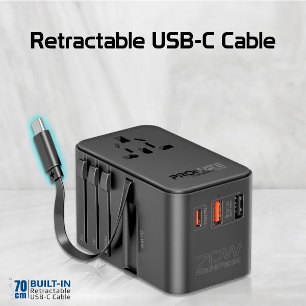 ⁦بروميت TripMate-GaN70R محول سفر عالمي بتقنية GaN بقوة 70 واط، مزود بكابل USB-C قابل للسحب لسهولة الشحن أثناء التنقل في أي مكان⁩ - الصورة ⁦2⁩