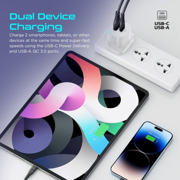 ⁦بروميت PowerPort-25AC شاحن جداري بقدرة 25 واط، بمنفذ USB-C PD ومنفذ QC 3.0 بقوة 18 واط، مع حماية من زيادة التيار وتنظيم جهد تلقائي لشحن آمن وسريع⁩ - الصورة ⁦5⁩