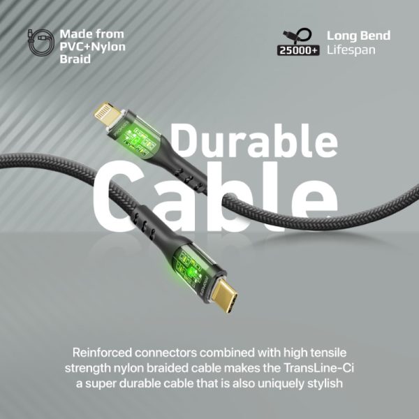 بروميت TransLine-Ci كابل USB-C إلى لايتنينغ بقوة 27 واط، بطول 1.2 متر، مقاوم للانحناء حتى 25000 مرة، رأس شفاف مطلي بالذهب مع إضاءة LED