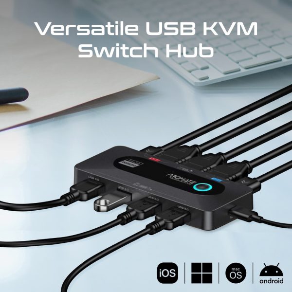 ⁦بروميت MediaSwitch-KVM محول KVM بدقة 4K، يربط بين جهازين، مزود بـ4 منافذ USB-A بسرعة 5Gbps، ومنفذي HDMI مع زر تبديل ومدعوم بكامل الكابلات الأساسية⁩ - الصورة ⁦3⁩