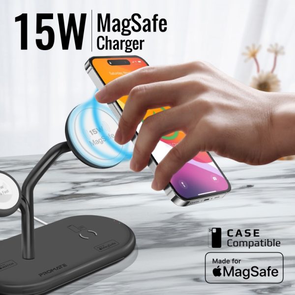 ⁦بروميت Synergy-Pro محطة شحن MagSafe معتمدة من Apple MFi، بقدرة 57 واط: شاحن MagSafe 15 واط، شاحن ساعة أبل 7.5 واط، شاحن Qi 10 واط، ومنفذ USB-C PD بقدرة 24 واط⁩ - الصورة ⁦6⁩