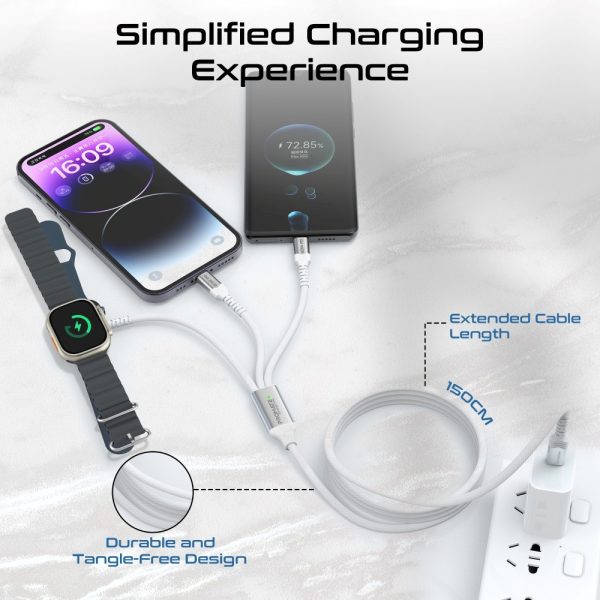 ⁦بروميت iCharge-Trio كابل 5 في 1 بقدرة 60 واط، يضم USB-C فائق السرعة، شاحن لايتنينغ 27 واط، شاحن ساعة أبل 2.5 واط، بطول 1.5 متر لشحن ونقل بيانات بكفاءة عالية⁩ - الصورة ⁦6⁩