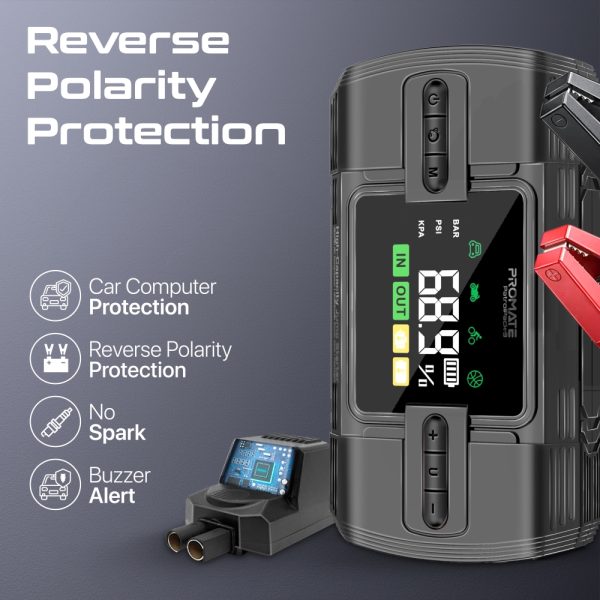 ⁦بروميت PatrolPack-3 جهاز تشغيل سيارة 1200 أمبير مع ضاغط هواء 150 PSI، بطارية 12000mAh، مصباح LED، مشابك ذكية، وشاشة LCD⁩ - الصورة ⁦8⁩