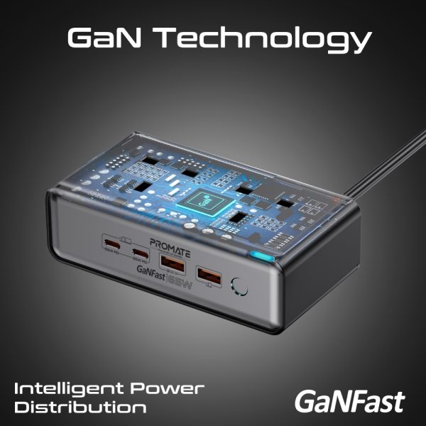 ⁦بروميت PowerBrix2-GaN65 محطة شحن 6 في 1 بتقنية GaNFast™، بقدرة 65 واط، تشمل مقبسين AC بقوة 3250 واط، منفذي USB-C PD حتى 65 واط، منفذ QC 3.0 بقوة 60 واط، ومنفذ USB-A لشحن شامل وآمن⁩ - الصورة ⁦4⁩