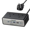 بروميت PowerBrix2-GaN65 محطة شحن 6 في 1 بتقنية GaNFast™، بقدرة 65 واط، تشمل مقبسين AC بقوة 3250 واط، منفذي USB-C PD حتى 65 واط، منفذ QC 3.0 بقوة 60 واط، ومنفذ USB-A لشحن شامل وآمن