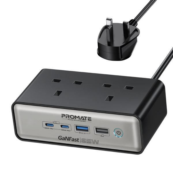 بروميت PowerBrix2-GaN65 محطة شحن 6 في 1 بتقنية GaNFast™، بقدرة 65 واط، تشمل مقبسين AC بقوة 3250 واط، منفذي USB-C PD حتى 65 واط، منفذ QC 3.0 بقوة 60 واط، ومنفذ USB-A لشحن شامل وآمن