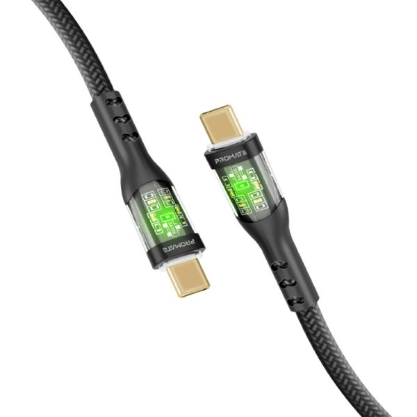 بروميت TransLine-CC كابل USB-C فائق السرعة بقدرة 60 واط، بطول 1.2 متر، رأس شفاف مطلي بالذهب مع إضاءة LED، ومقاوم للانحناء حتى 25000 مرة