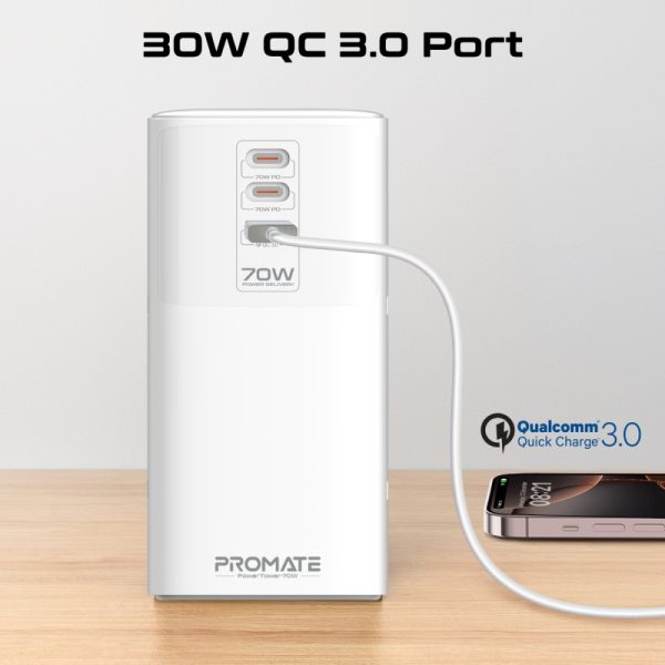 ⁦بروميت PowerTower-70W محطة شحن 70 واط بمنفذي USB-C PD، منفذ QC 3.0 بقوة 30 واط، و4 منافذ AC عالمية بقدرة 2500 واط لشحن فعال ومتعدد الأجهزة⁩ - الصورة ⁦7⁩