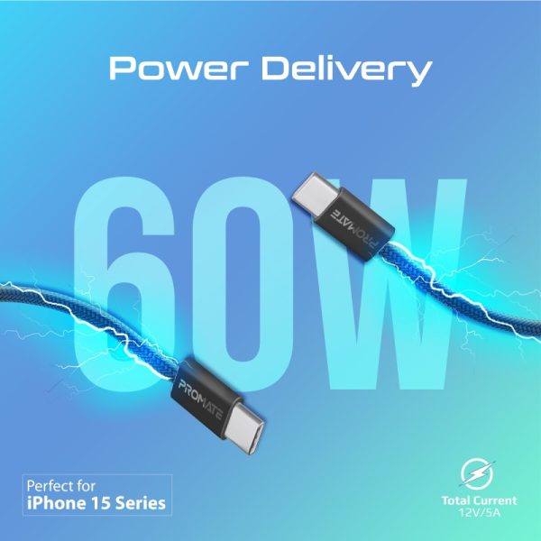 ⁦بروميت EcoLine-CC120 كابل USB-C فائق السرعة بقوة 60 واط، بطول 1.2 متر، مصنوع من قماش مضفر متين، يدعم الشحن السريع ونقل البيانات، ويتحمل أكثر من 25000 انحناءة⁩ - الصورة ⁦6⁩