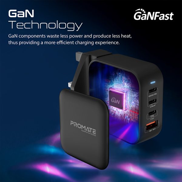 ⁦بروميت GaNPort4-100PD شاحن GaNFast عالمي بقدرة 100 واط، يشحن حتى 4 أجهزة معًا، مزوّد بتقنية QC 3.0 ورؤوس جدارية قابلة للتبديل للاستخدام في جميع أنحاء العالم⁩ - الصورة ⁦4⁩