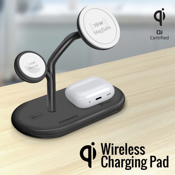 ⁦بروميت Synergy-Pro محطة شحن MagSafe معتمدة من Apple MFi، بقدرة 57 واط: شاحن MagSafe 15 واط، شاحن ساعة أبل 7.5 واط، شاحن Qi 10 واط، ومنفذ USB-C PD بقدرة 24 واط⁩ - الصورة ⁦8⁩