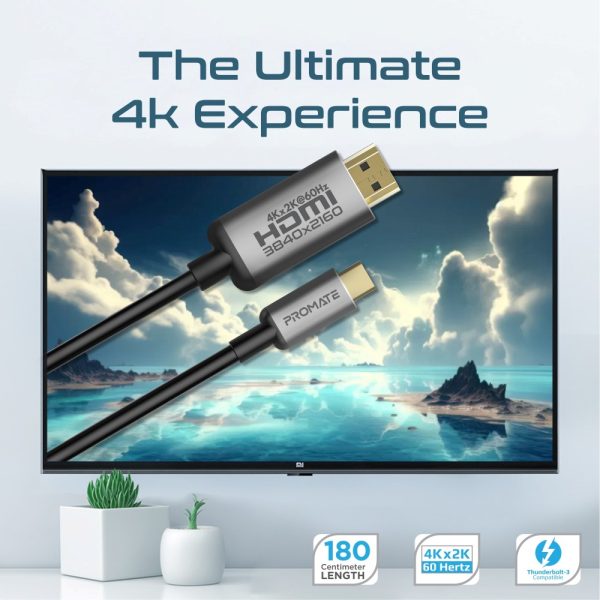 ⁦بروميت HDLink-60H كابل USB-C إلى HDMI بدقة 4K@60Hz، بطول 1.8 متر، بموصلات مضادة للتآكل لتجربة عرض فائقة الوضوح⁩ - الصورة ⁦2⁩